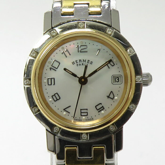(used)【中古】HERMES クリッパー ナクレ 12Pダイヤ レディース 腕時計 SS クオーツ ホワイトシェル文字盤 CL4.222