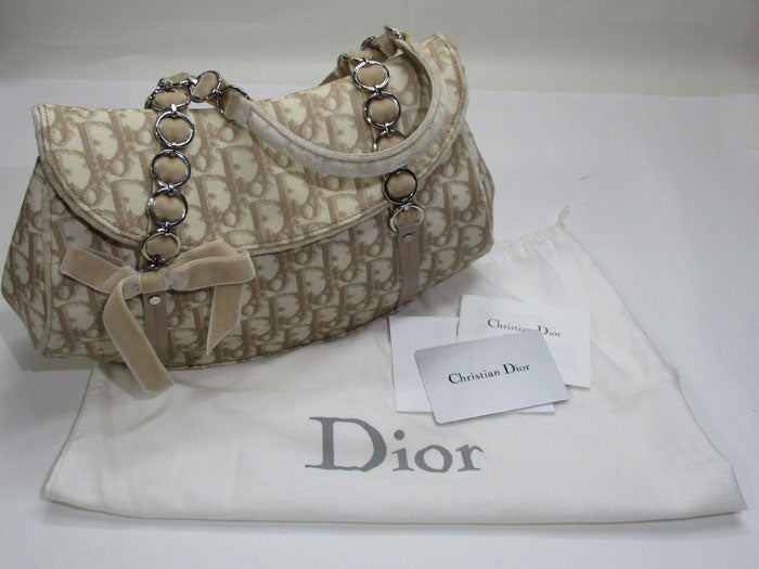 【中古】Christian Dior トロッター ロマンティック リボン ハンドバッグ PVC レザー アイボリー ベージュ <初芝店>