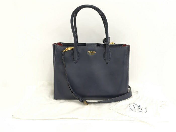 (used)【中古】PRADA ビブリオテーク 2WAY ショルダーバッグ レディース レザー ネイビー 1BG098