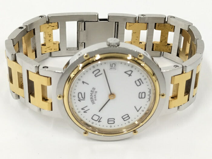 【中古】HERMES クリッパー メンズ 腕時計 クオーツ SS GP ホワイト文字盤 CL6.720 