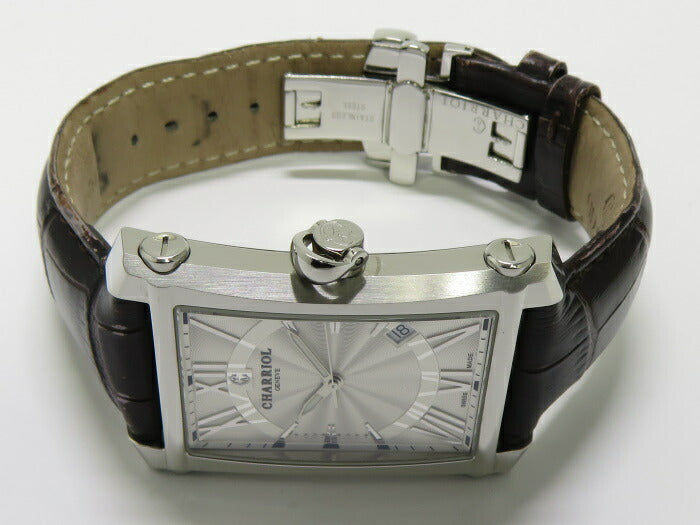 【中古】CHARRIOL コロンブス サントレ コンベックス メンズ 腕時計 SS 革ベルト 濃い紫 シルバー文字盤 CORLS.354.002